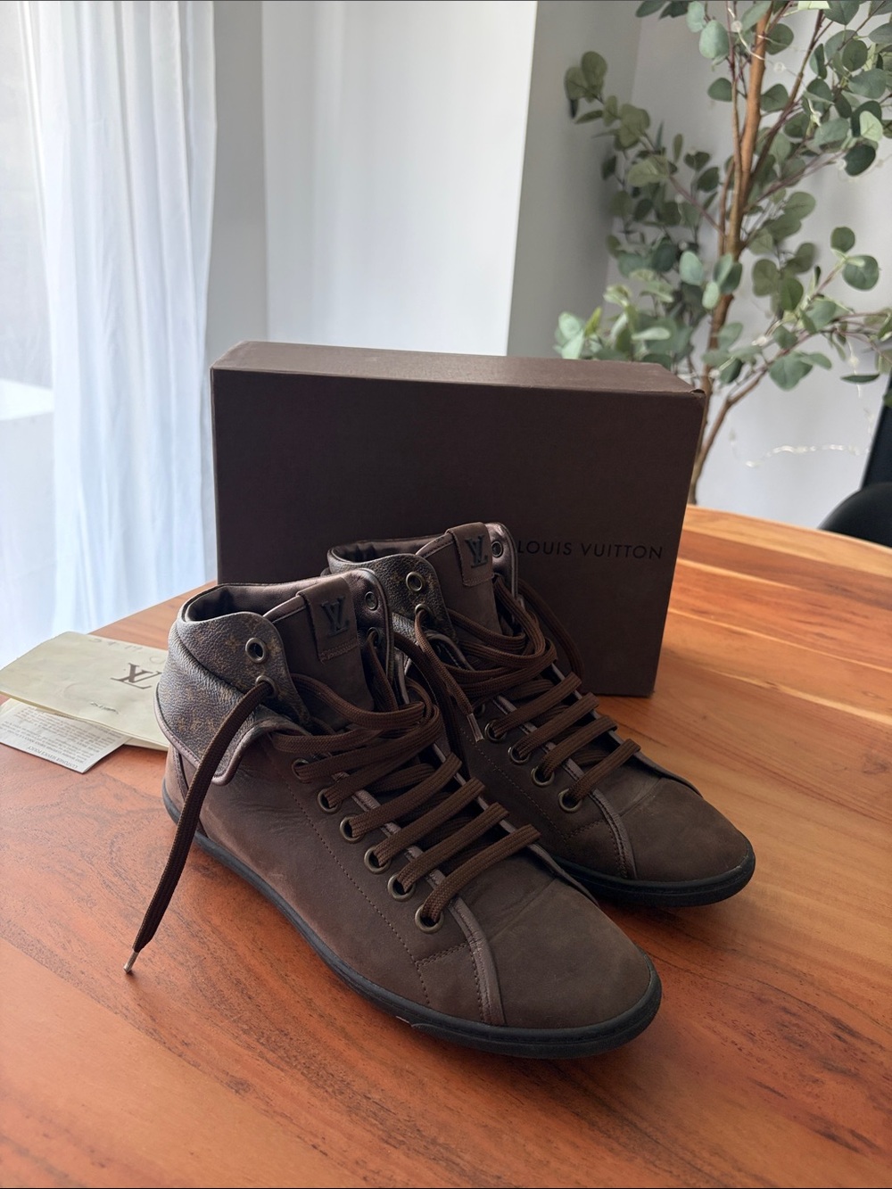 Louis Vuitton Brown Leather High-Top Sneakers with Monogram Tongue